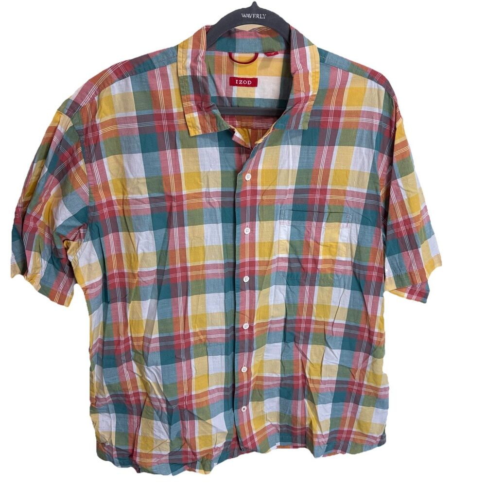 IZOD Shirt Mens XL Yellow Orange Blue Plaid S/S Relaxed Classic Button Down
